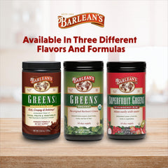 Barlean's Organic Greens powder shown with a family morning smoothie ritual.