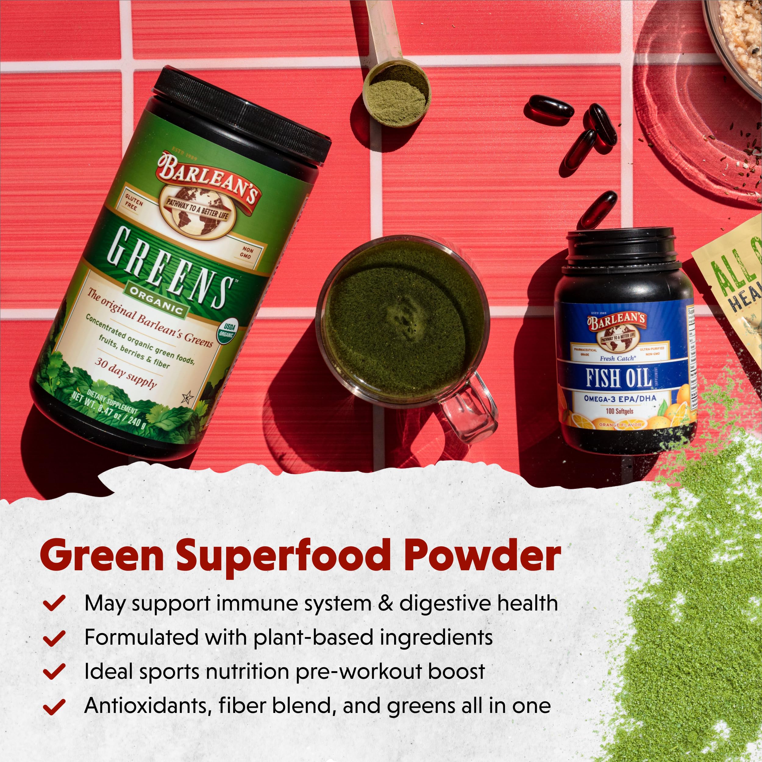 Barlean's Organic Greens powders ingredients list with wheatgrass and spirulina, wholesome energy.