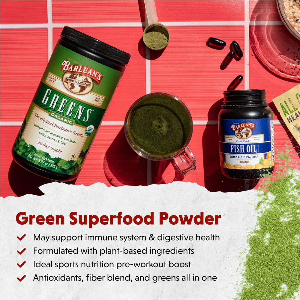 Barlean's Organic Greens powders ingredients list with wheatgrass and spirulina, wholesome energy.