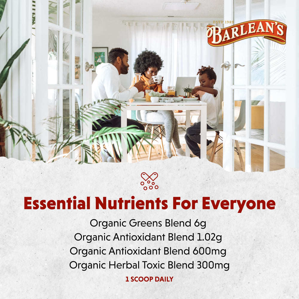 Barlean's Organic Greens powder with prebiotic fiber, supports gut-friendly daily nutrition.