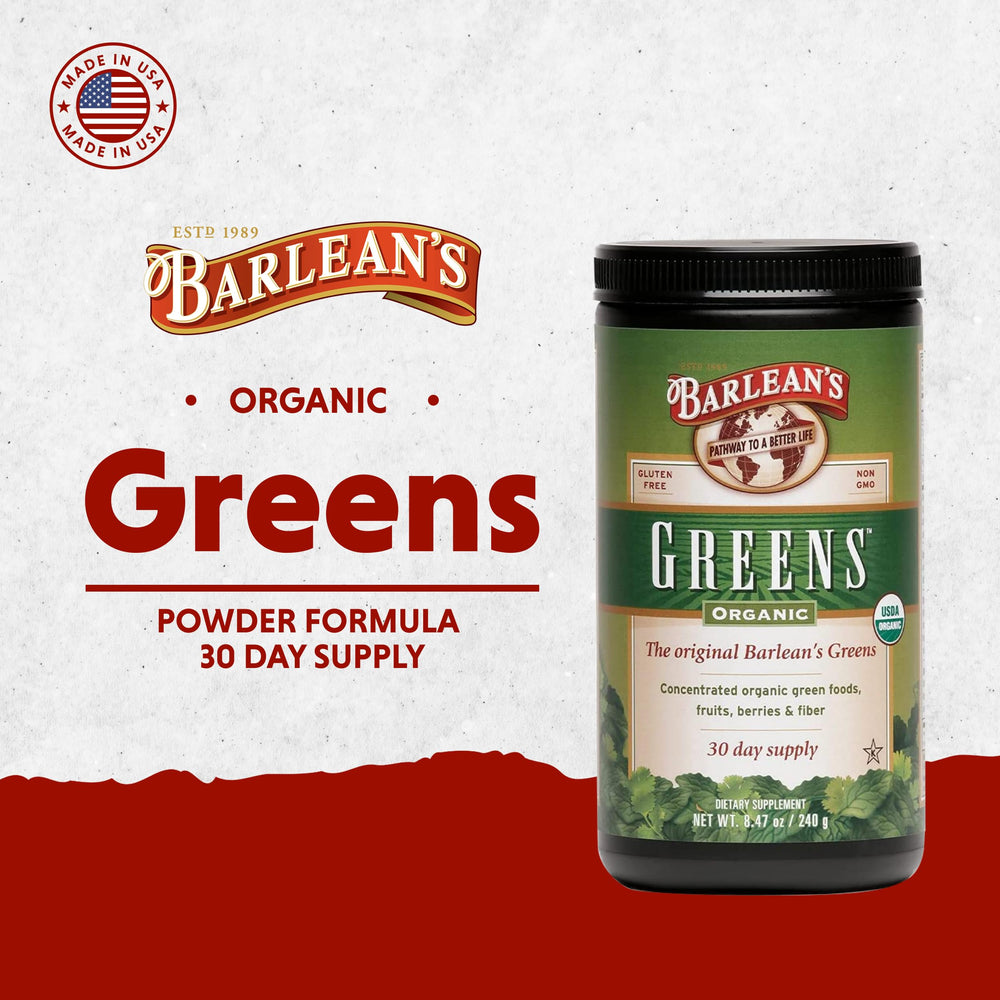 Barlean's Organic Greens powder scoop beside bottle, easy to measure for meals.
