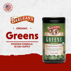 Barlean's Organic Greens powder scoop beside bottle, easy to measure for meals.