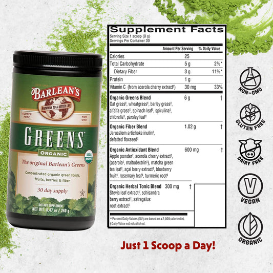Barlean's Organic Greens powder smoothie in glass, perfect for quick nutrient support.