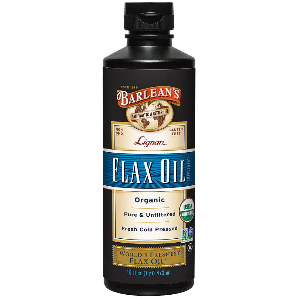 Barlean's Organic Lignan Flax Oil bottle front with golden oil, great for meals