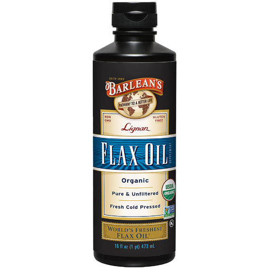 Barlean's Organic Lignan Flax Oil bottle front with golden oil, great for meals