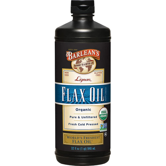 Barlean's Organic Lignan Flaxseed Oil bottle highlighting high omega-3 content for daily use