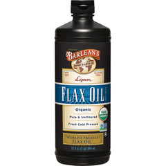 Barlean's Organic Lignan Flaxseed Oil bottle highlighting high omega-3 content for daily use
