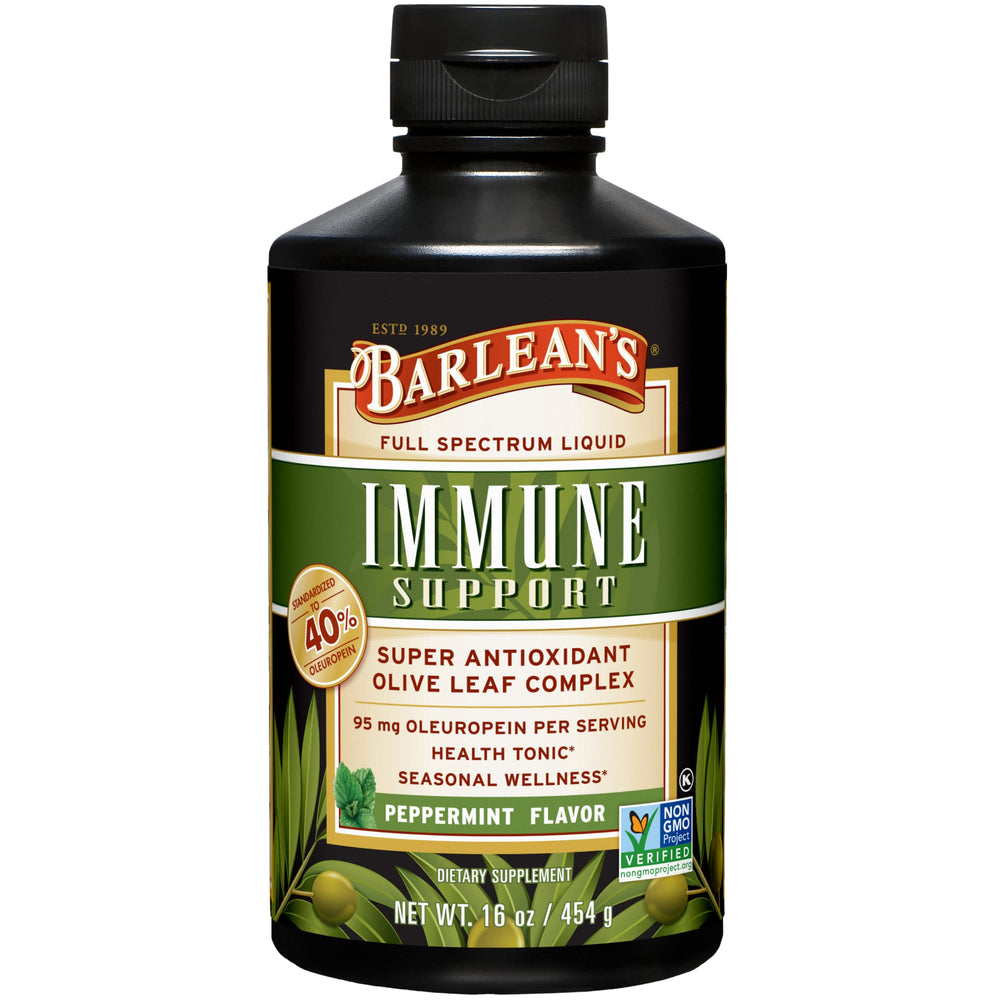 Barlean's Peppermint Olive Leaf Liquid bottle highlighting immune support formula