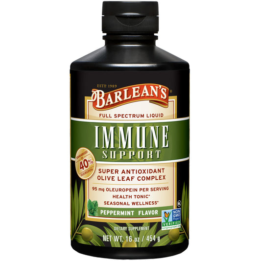 Barlean's Peppermint Olive Leaf Liquid bottle highlighting immune support formula