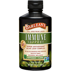 Barlean's Peppermint Olive Leaf Liquid bottle highlighting immune support formula