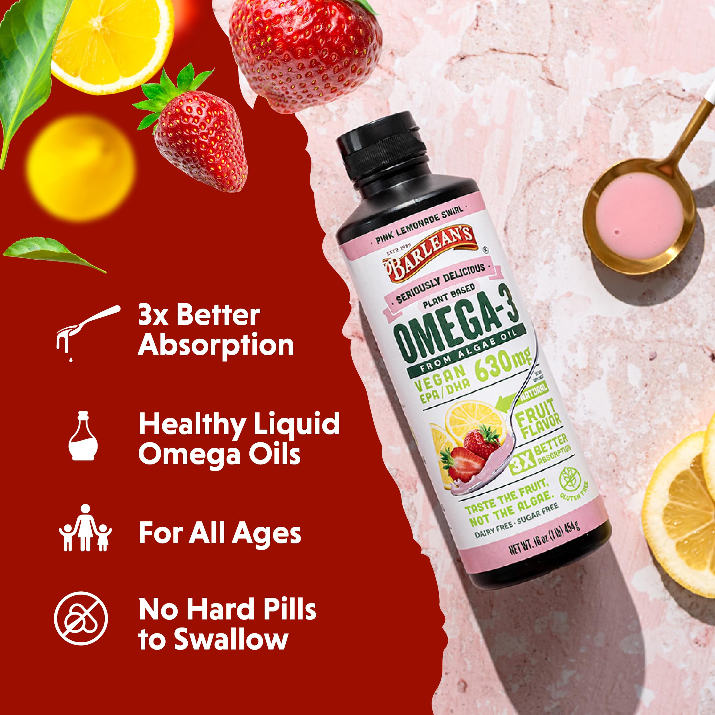 Barlean's Pink Lemonade label closeup highlighting vegan and gluten-free notes