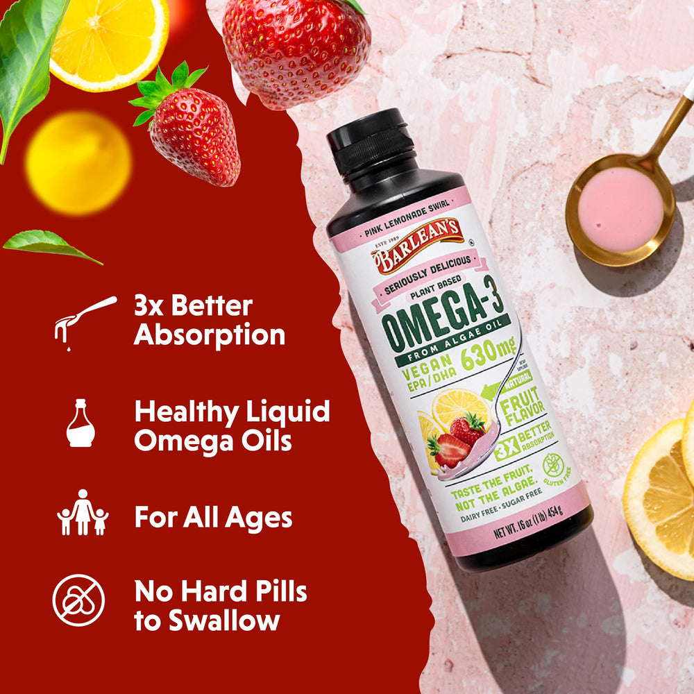 Barlean's Pink Lemonade label closeup highlighting vegan and gluten-free notes