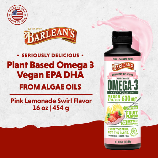 Barlean's Pink Lemonade spoon-dispense shot illustrating easy daily intake