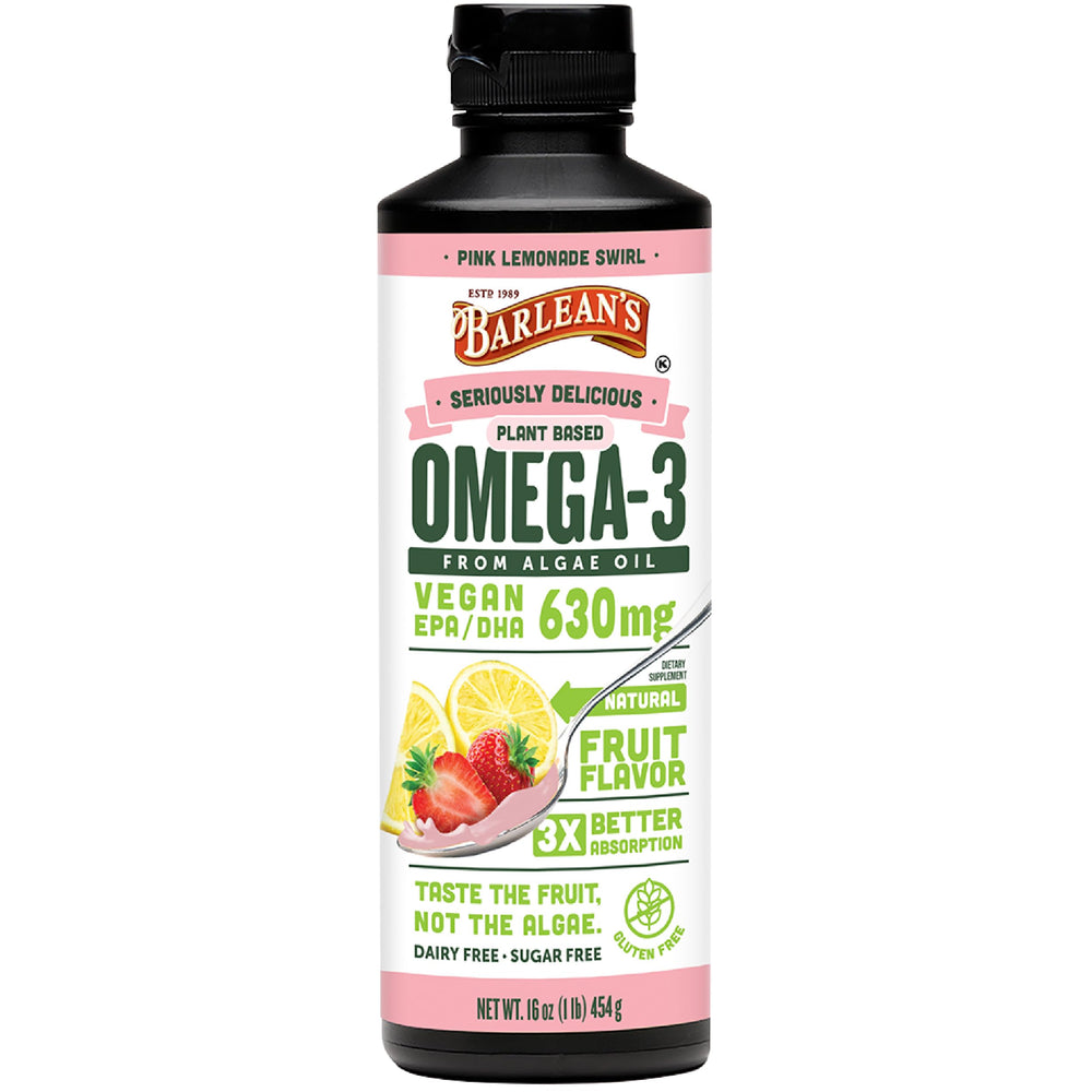 Barlean's Pink Lemonade vegan omega-3 bottle showing flavor and EPA/DHA content
