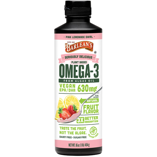 Barlean's Pink Lemonade vegan omega-3 bottle showing flavor and EPA/DHA content
