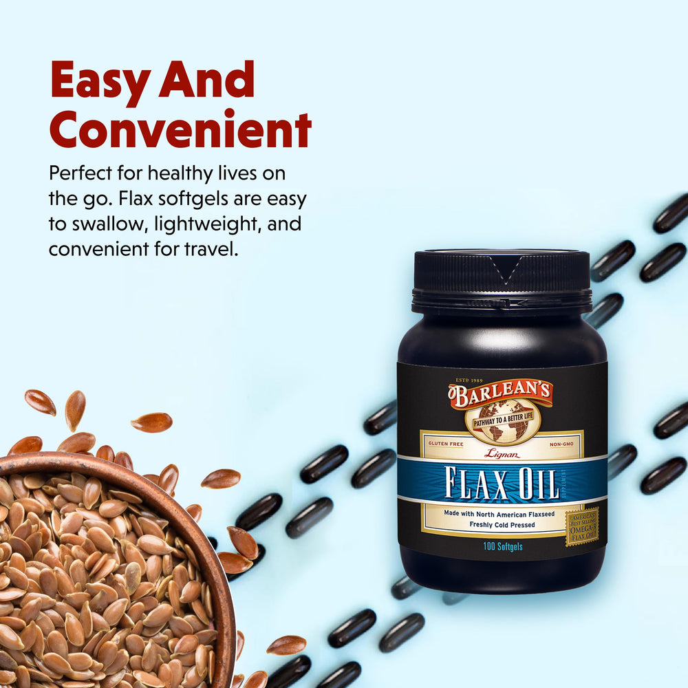 Barlean's softgels on kitchen counter beside a glass of water