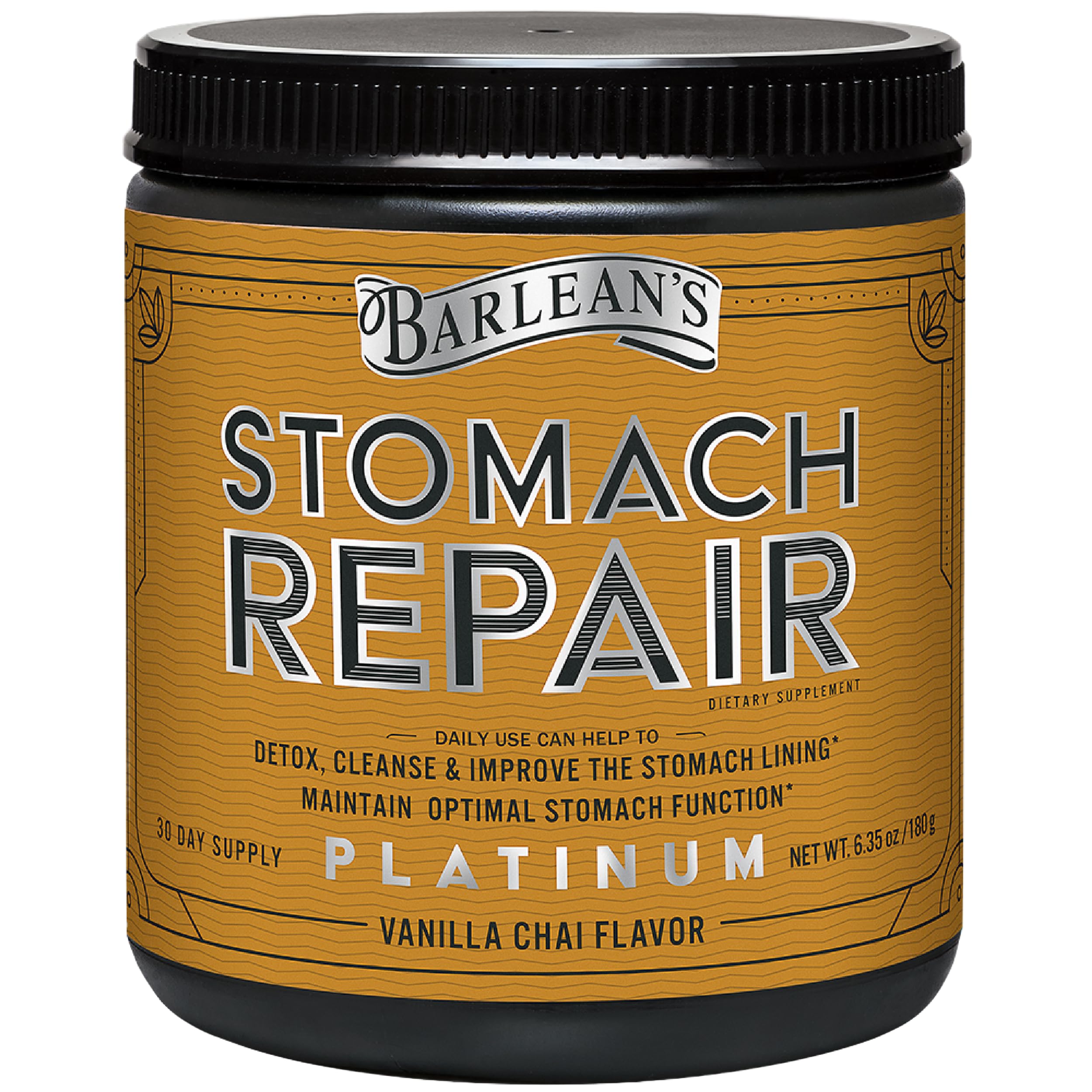 Barlean's Stomach Repair bottle label closeup for gut health support with vanilla chai flavor