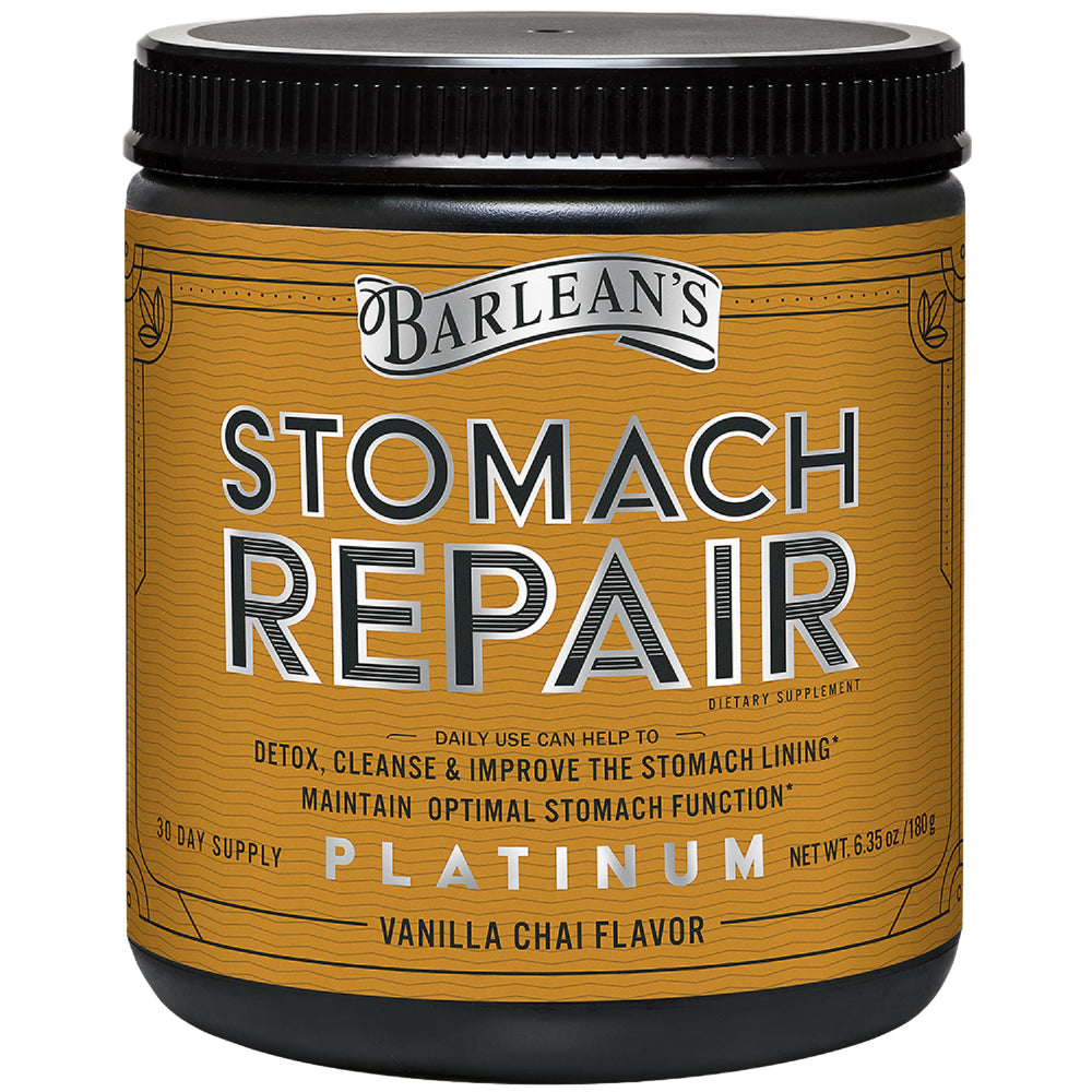Barlean's Stomach Repair bottle label closeup for gut health support with vanilla chai flavor