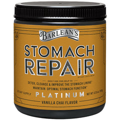 Barlean's Stomach Repair bottle label closeup for gut health support with vanilla chai flavor
