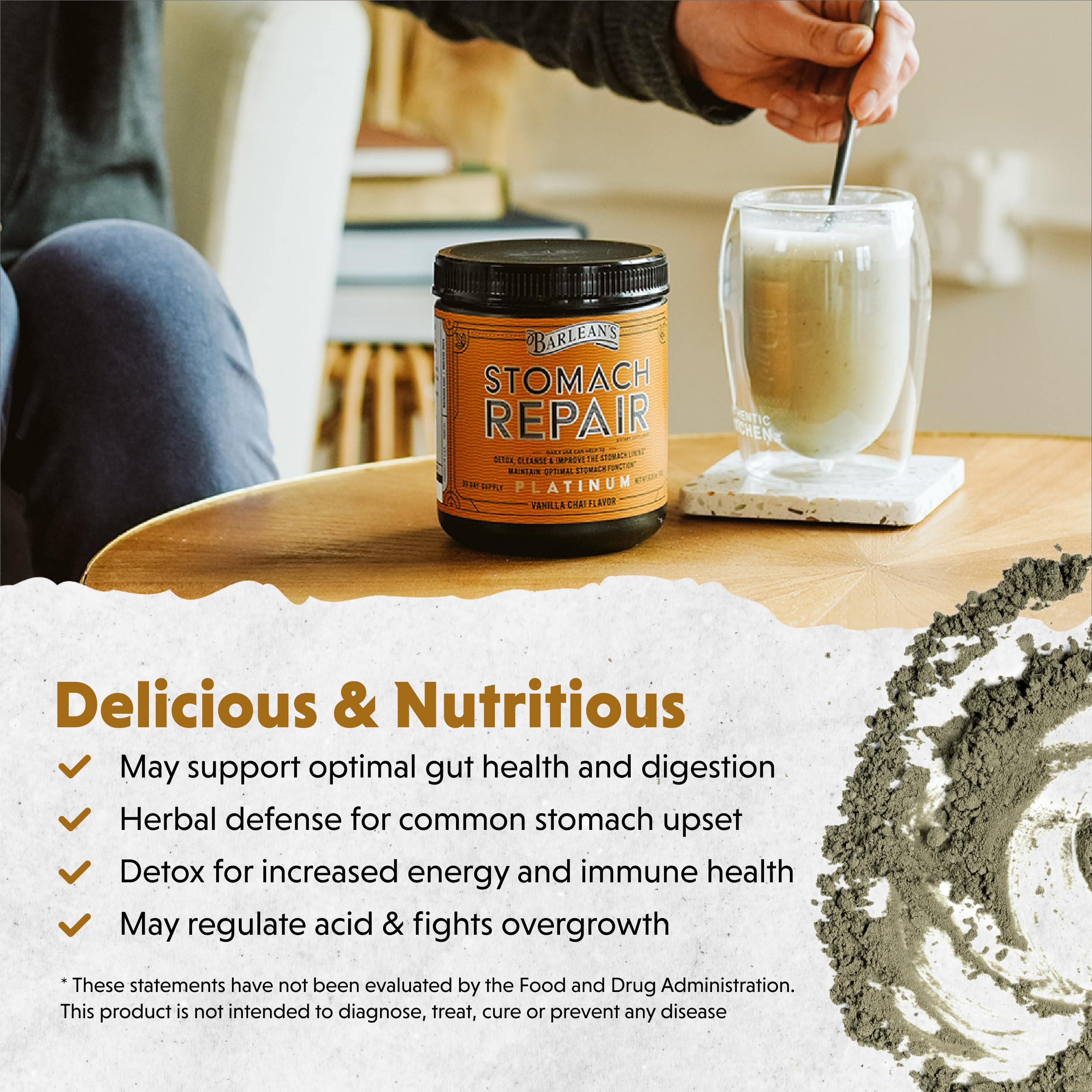 Barlean's Stomach Repair ingredients bottle showcasing six healing components for gut harmony