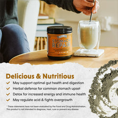 Barlean's Stomach Repair ingredients bottle showcasing six healing components for gut harmony