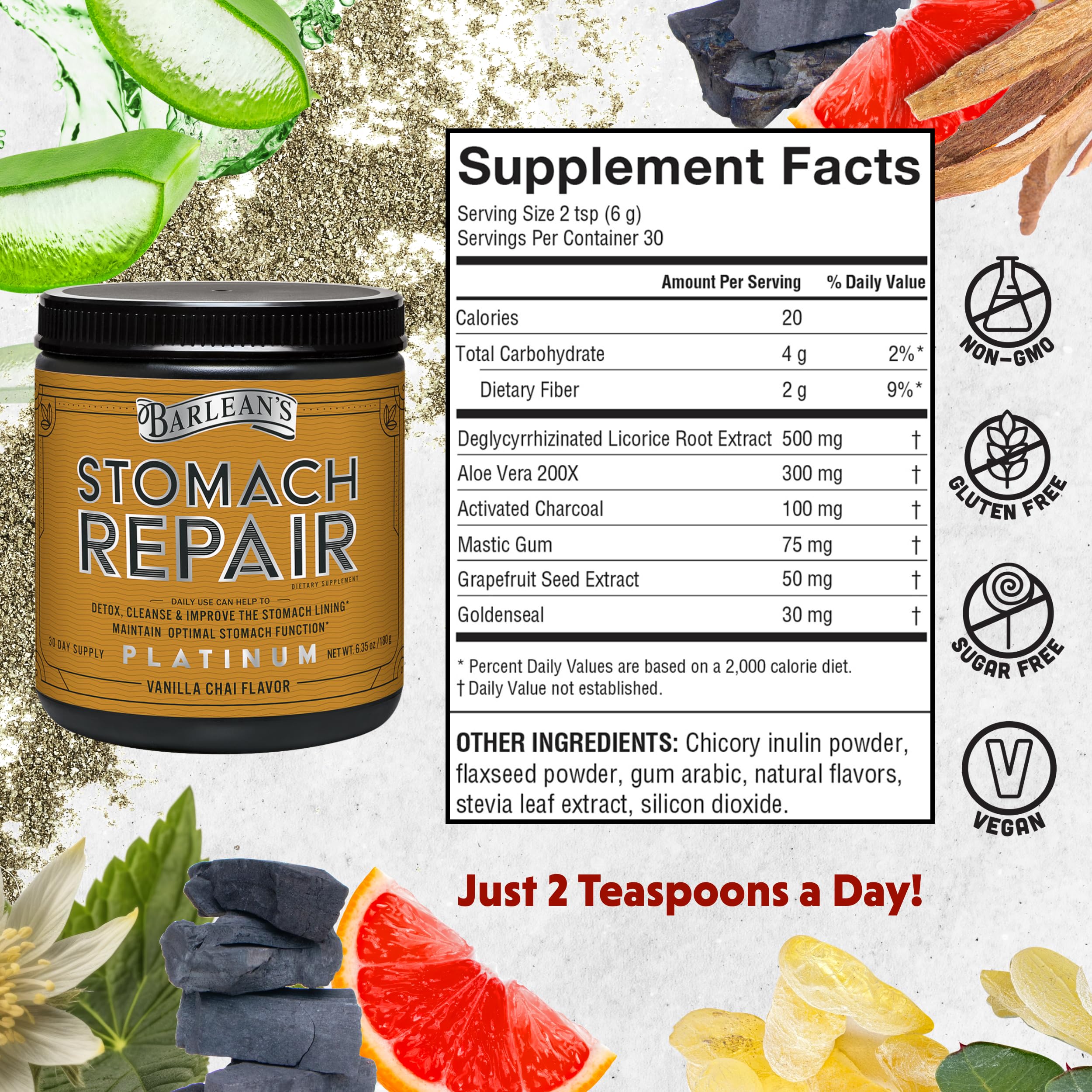 Barlean's Stomach Repair scoop dispensing powder into water for daily detox and digestion support