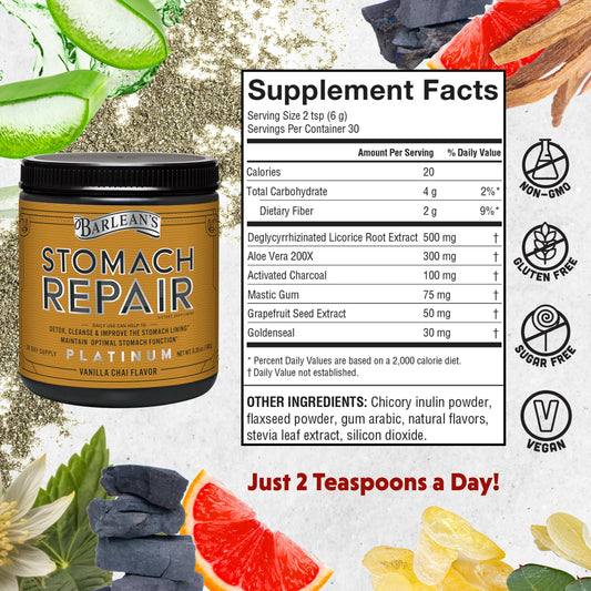 Barlean's Stomach Repair scoop dispensing powder into water for daily detox and digestion support