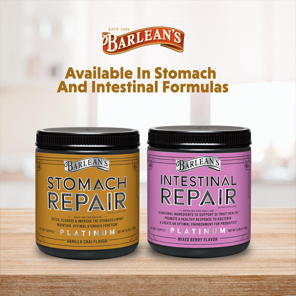 Barlean's Stomach Repair USA-made label closeup highlighting vegan, non-GMO, gluten-free features