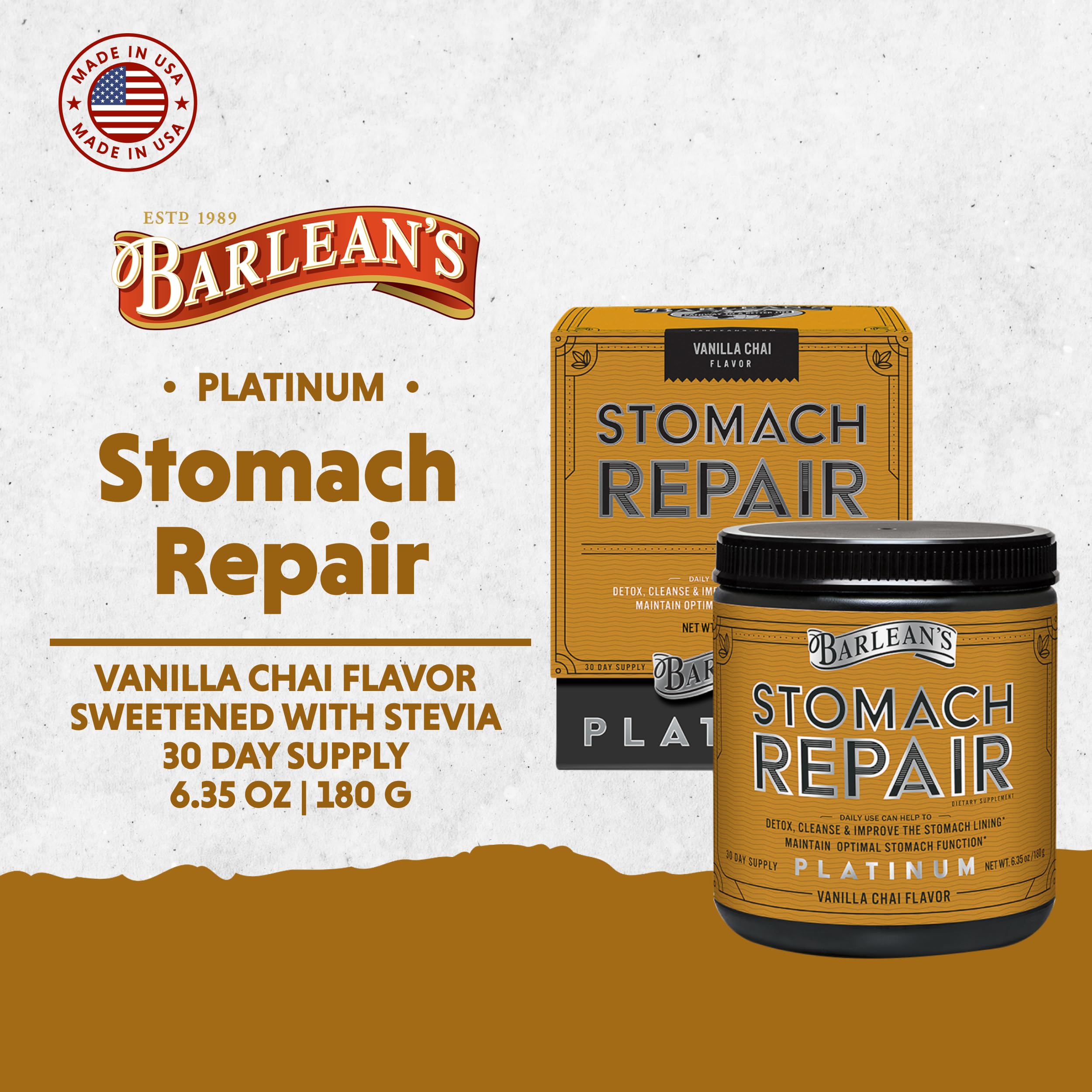 Barlean's Stomach Repair vanilla chai drink poured in a glass, smooth texture and soothing aroma