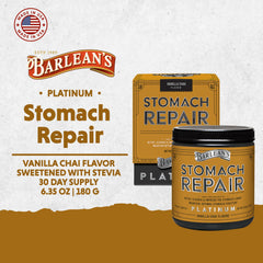 Barlean's Stomach Repair vanilla chai drink poured in a glass, smooth texture and soothing aroma