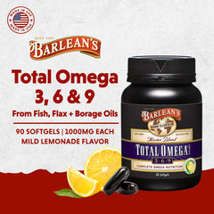 Barlean's Total Omega 3 6 9 lemon-flavored softgels close-up offers easy daily supplementation.