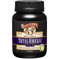 Barlean's Total Omega 3 6 9 softgels bottle supports balanced omega intake.