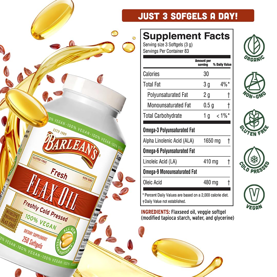 Barlean's vegan flaxseed oil bottle label; fresh cold-pressed formula