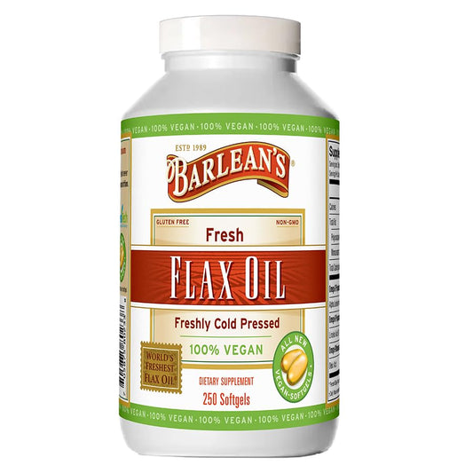 Barlean's vegan flaxseed oil softgels bottle; convenient daily omega-3 capsules