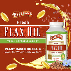 Close-up of Barlean's flaxseed oil softgels; easy-to-swallow daily capsules