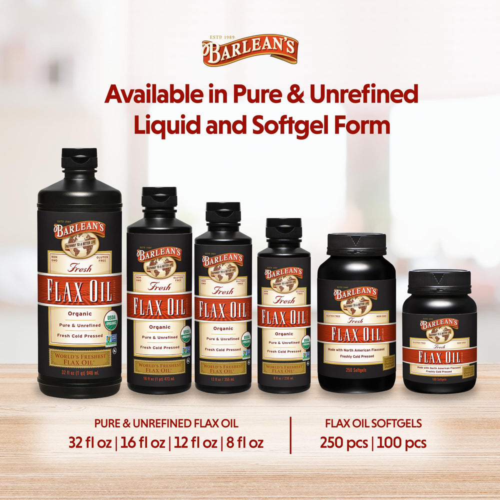 Barlean's vegan gluten-free flax oil with clean ingredient badge