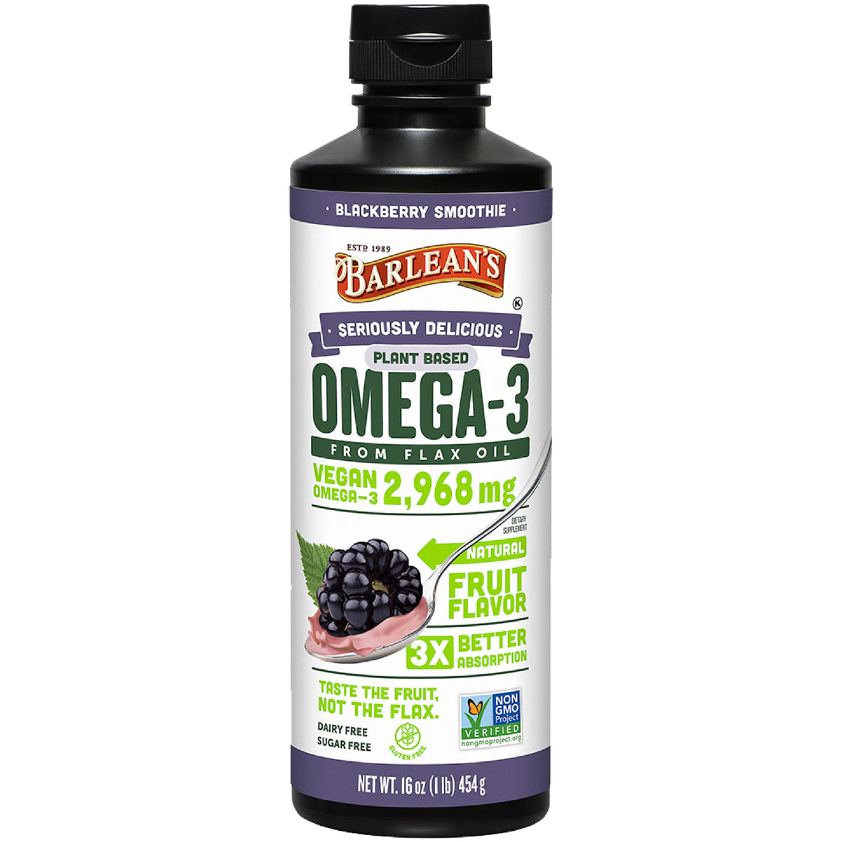 Barlean's vegan flaxseed oil bottle in blackberry flavor supporting easy omega-3 intake.