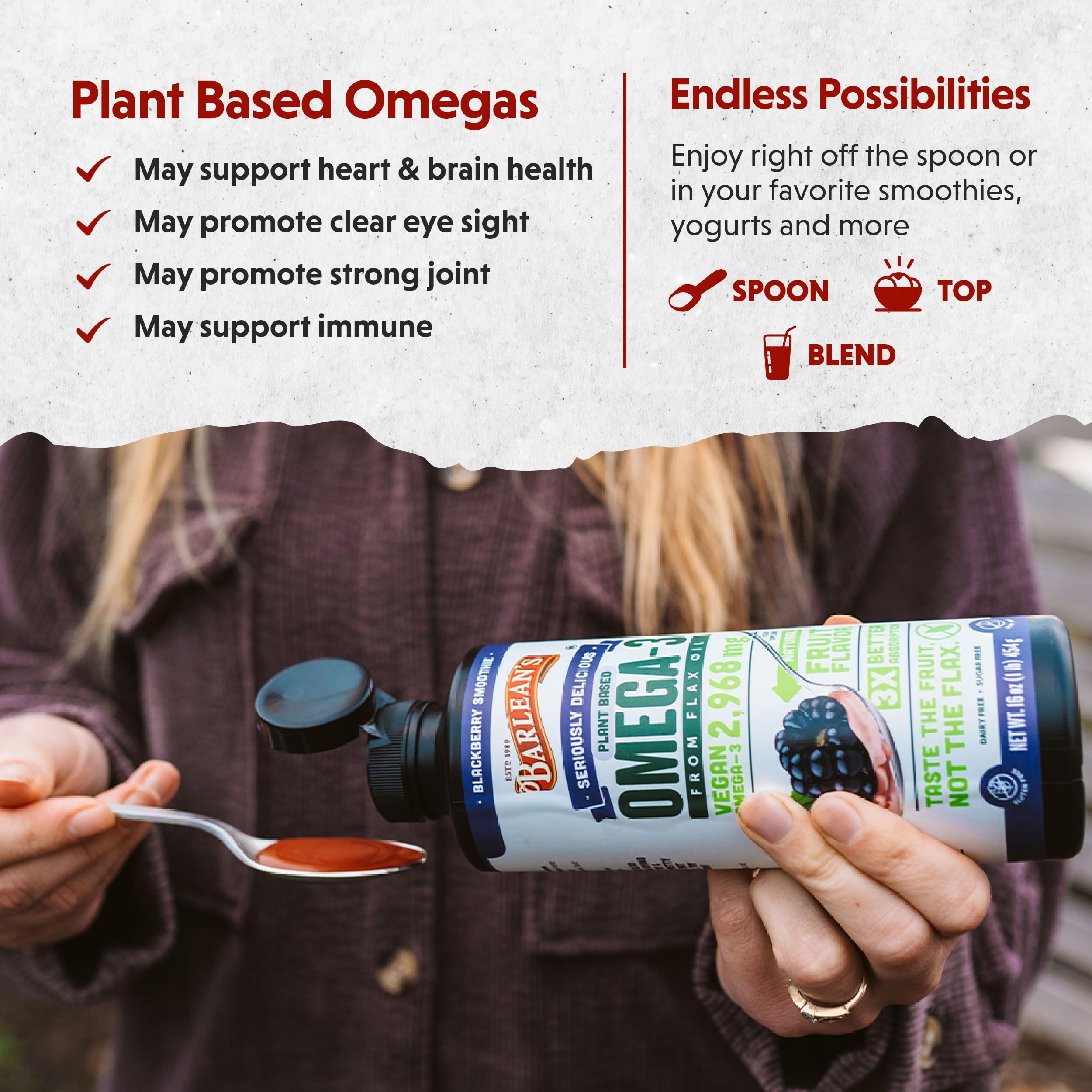 Barlean's flaxseed oil label close-up highlighting non-GMO and gluten-free status.