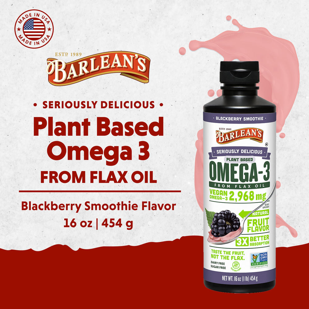 Barlean's vegan omega-3-6-9 pour demonstrating emulsified oil for smoother mixing.