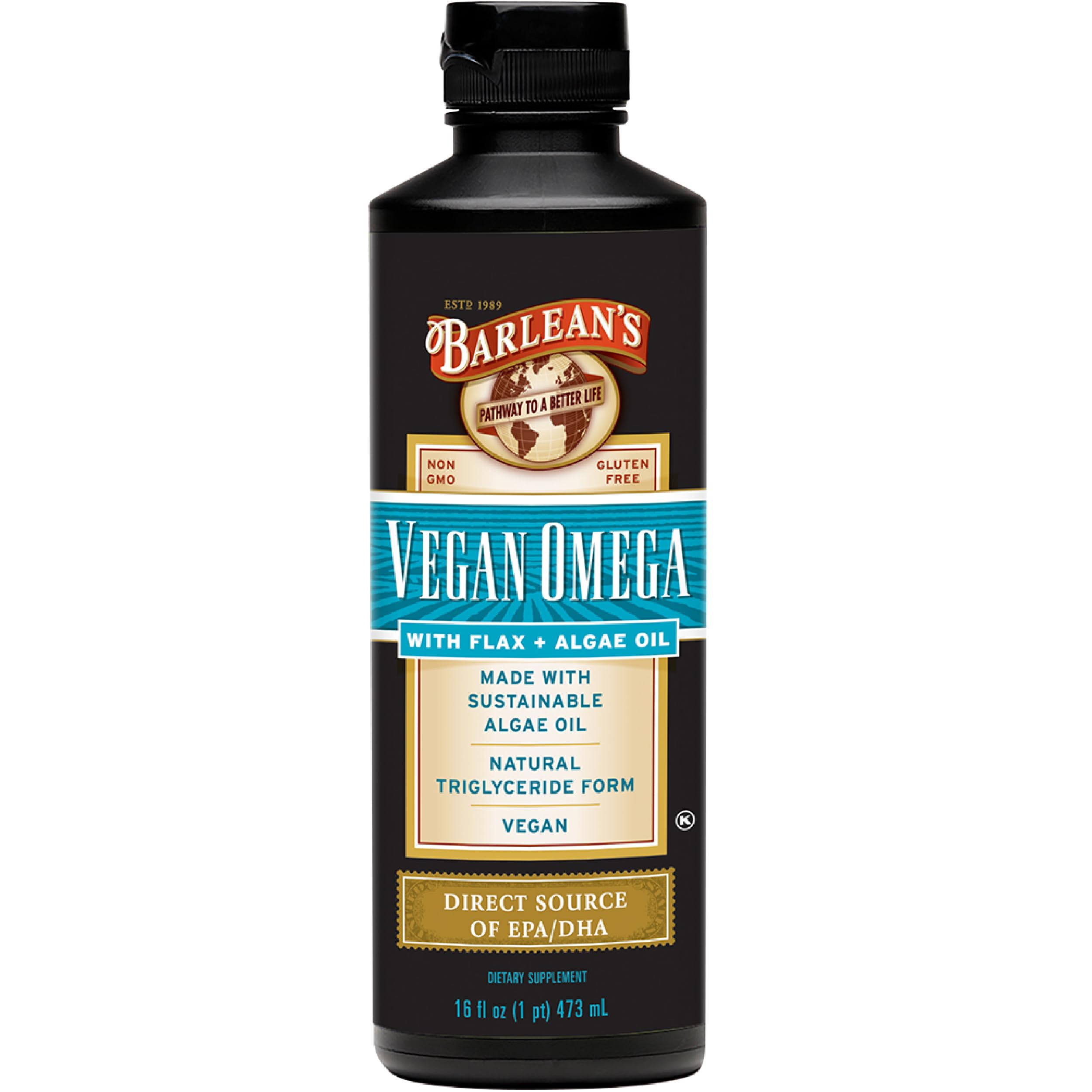 Barlean's Vegan Omega oil bottle on kitchen counter, plant-based omega-3 for daily meals.
