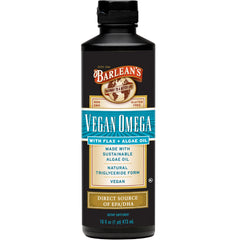 Barlean's Vegan Omega oil bottle on kitchen counter, plant-based omega-3 for daily meals.