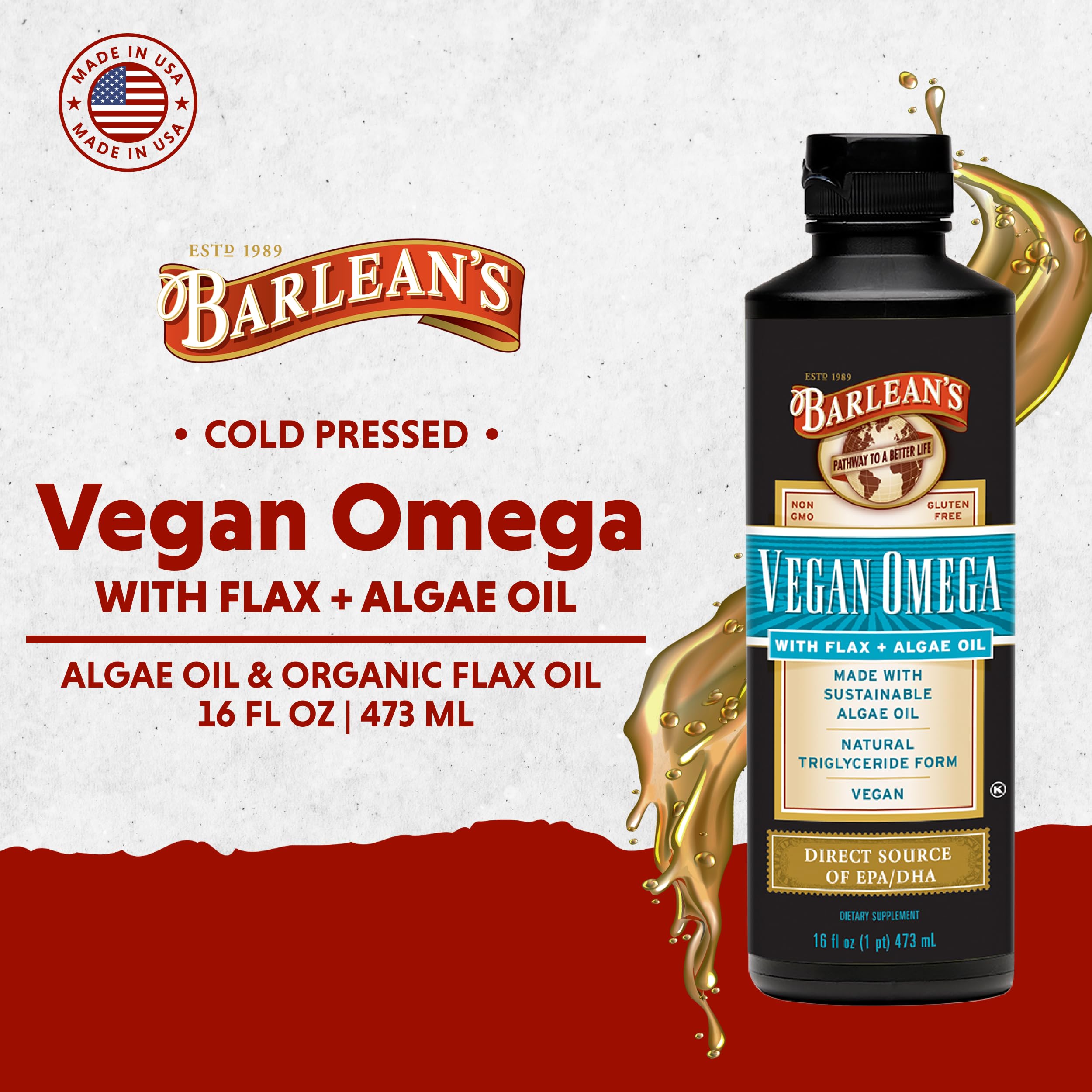Close-up of Barlean's flaxseed and algae oil ingredients.