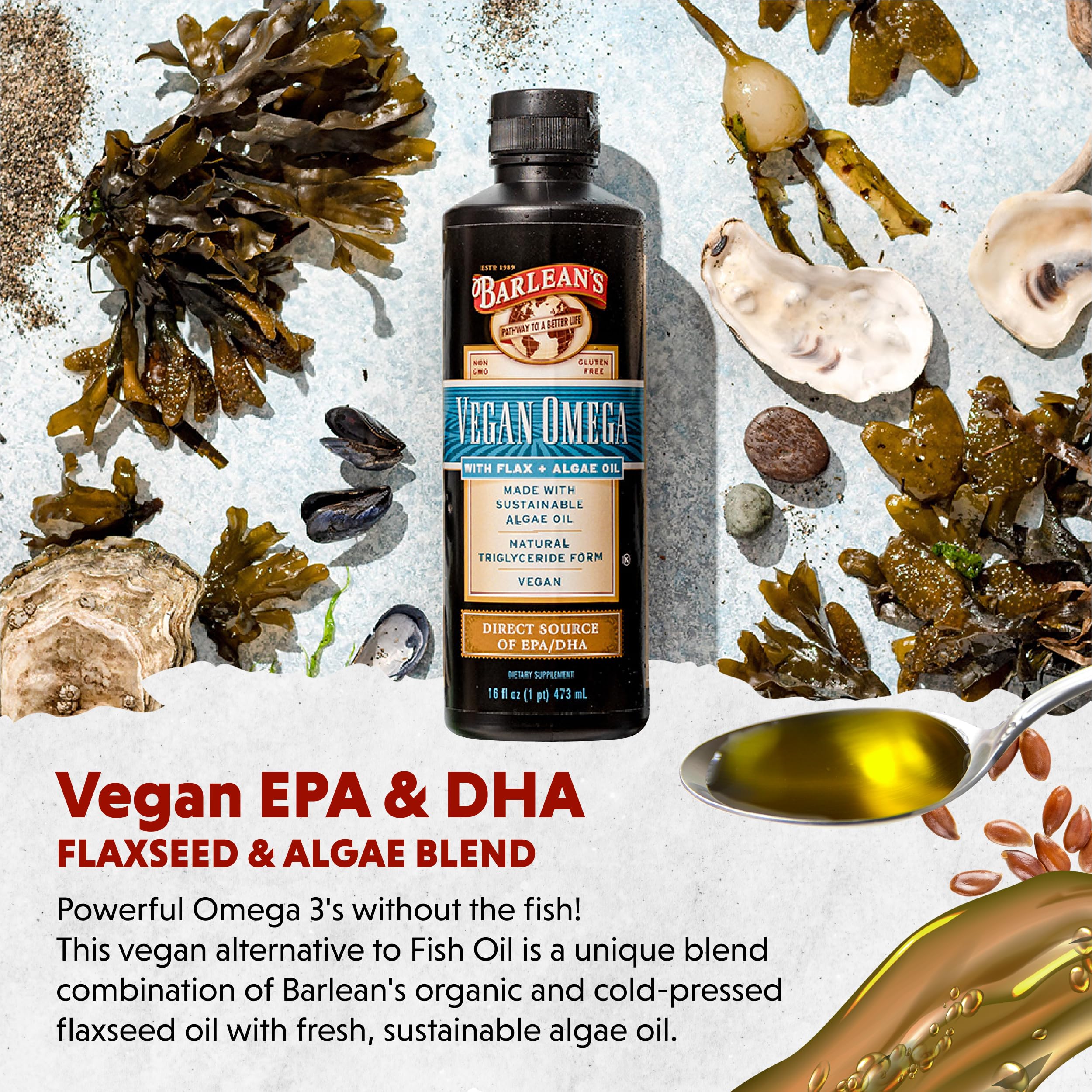 Hand pouring Barlean's Vegan Omega into yogurt for a nutritious boost.