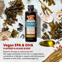 Hand pouring Barlean's Vegan Omega into yogurt for a nutritious boost.