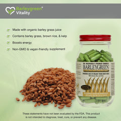 BARLEYGREEN Caplets close-up, highlighting kelp & brown rice ingredients for healthy nutrition.