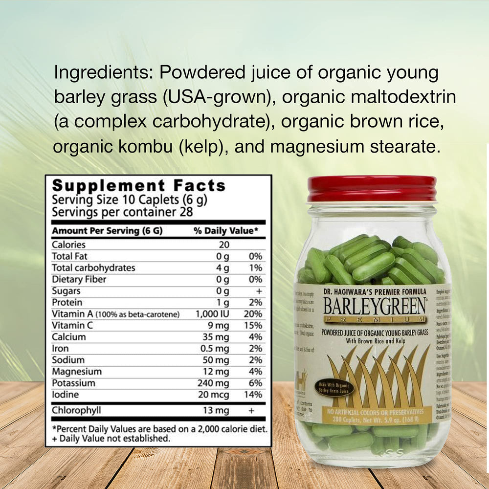 BARLEYGREEN Caplets arranged with green leaves, emphasizing natural, plant-based wellness.