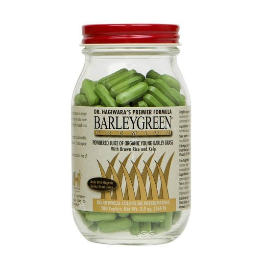 BARLEYGREEN Premium Caplets bottle front, energy-boosting daily supplement.