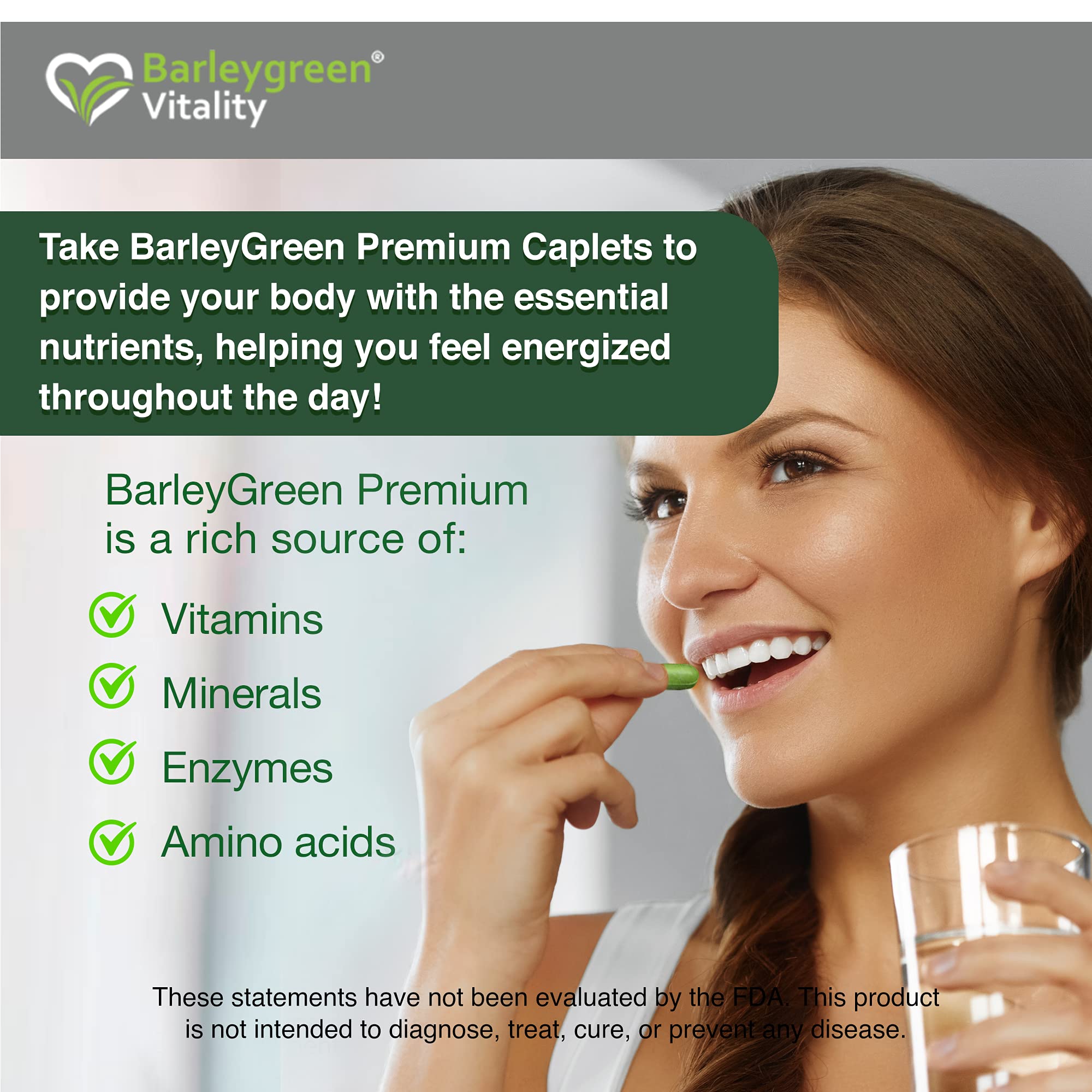 BARLEYGREEN Premium Caplets packaging, illustrating vegan, non-GMO formula.