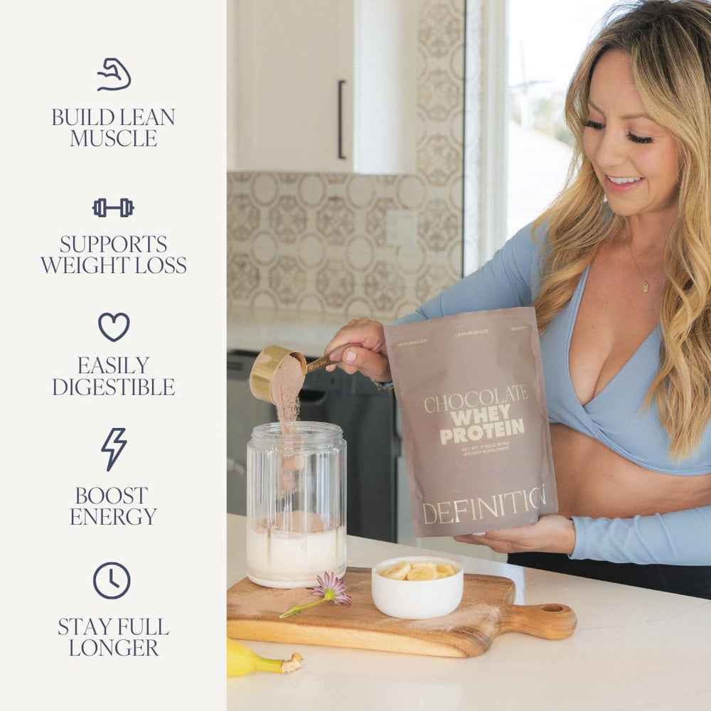 Barre Definition vanilla whey protein isolate bottle beside a shake for daily use