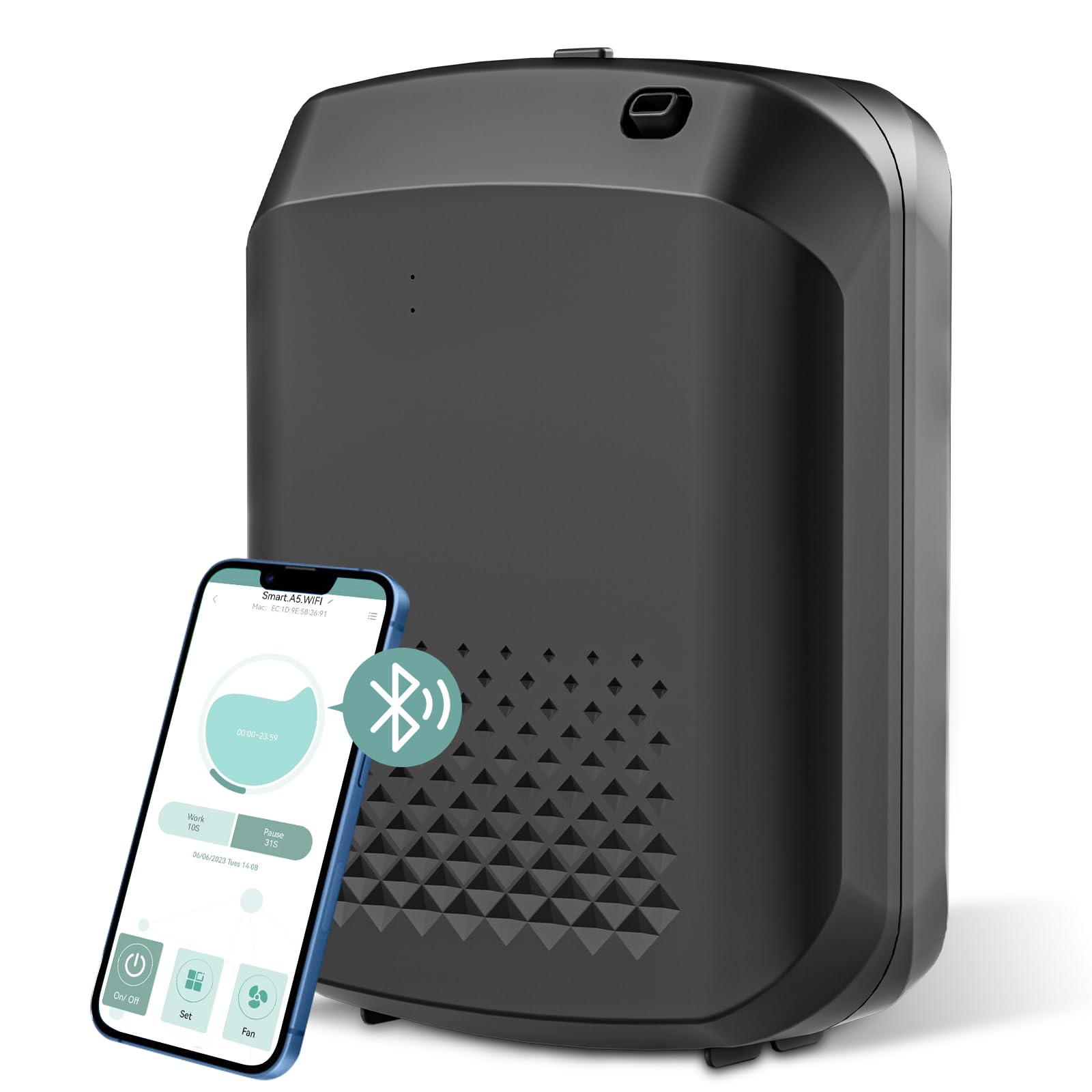 Barthelemy smart scent air machine front view showing compact design and sleek black finish.